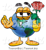 Vector Illustration of a Cartoon Globe Mascot Holding a Red Rose on Valentines Day by Mascot Junction