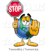 Vector Illustration of a Cartoon Globe Mascot Holding a Stop Sign by Toons4Biz