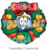 Vector Illustration of a Cartoon Globe Mascot in the Center of a Christmas Wreath by Mascot Junction