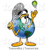 Vector Illustration of a Cartoon Globe Mascot Preparing to Hit a Tennis Ball by Mascot Junction