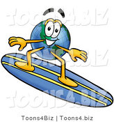 Vector Illustration of a Cartoon Globe Mascot Surfing on a Blue and Yellow Surfboard by Mascot Junction