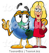 Vector Illustration of a Cartoon Globe Mascot Talking to a Pretty Blond Woman by Mascot Junction