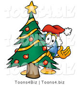 Vector Illustration of a Cartoon Globe Mascot Waving and Standing by a Decorated Christmas Tree by Mascot Junction