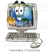 Vector Illustration of a Cartoon Globe Mascot Waving from Inside a Computer Screen by Mascot Junction