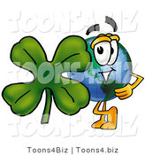 Vector Illustration of a Cartoon Globe Mascot with a Green Four Leaf Clover on St Paddy's or St Patricks Day by Mascot Junction
