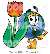 Vector Illustration of a Cartoon Globe Mascot with a Red Tulip Flower in the Spring by Mascot Junction