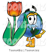 Vector Illustration of a Cartoon Globe Mascot with a Red Tulip Flower in the Spring by Toons4Biz