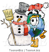 Vector Illustration of a Cartoon Globe Mascot with a Snowman on Christmas by Mascot Junction