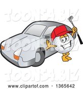 Vector Illustration of a Cartoon Golf Ball Sports Mascot Holding a Club by a Car by Mascot Junction