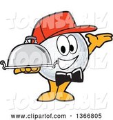 Vector Illustration of a Cartoon Golf Ball Sports Mascot Waiter Wearing a Red Hat, Presenting and Holding a Cloche Platter by Mascot Junction