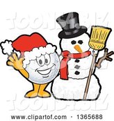 Vector Illustration of a Cartoon Golf Ball Sports Mascot Waving by a Christmas Snowman by Mascot Junction