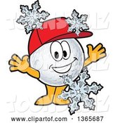 Vector Illustration of a Cartoon Golf Ball Sports Mascot Wearing a Red Hat and Cheering in the Snow by Mascot Junction