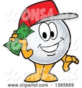 Vector Illustration of a Cartoon Golf Ball Sports Mascot Wearing a Red Hat and Holding Cash by Mascot Junction