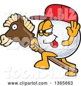 Vector Illustration of a Cartoon Golf Ball Sports Mascot Wearing a Red Hat and Playing with a Stick Pony by Mascot Junction