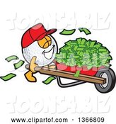 Vector Illustration of a Cartoon Golf Ball Sports Mascot Wearing a Red Hat and Pushing Cash Money in a Wheel Barrow by Mascot Junction