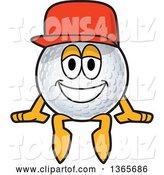 Vector Illustration of a Cartoon Golf Ball Sports Mascot Wearing a Red Hat and Sitting by Mascot Junction