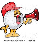 Vector Illustration of a Cartoon Golf Ball Sports Mascot Wearing a Red Hat and Using a Megaphone by Mascot Junction