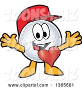 Vector Illustration of a Cartoon Golf Ball Sports Mascot Wearing a Red Hat and Welcoming, with a Heart by Mascot Junction