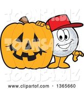 Vector Illustration of a Cartoon Golf Ball Sports Mascot with a Halloween Jackolantern Pumpkin by Mascot Junction