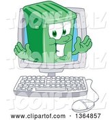 Vector Illustration of a Cartoon Green Rolling Trash Can Mascot Emerging from a Desktop Computer Screen by Mascot Junction