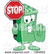 Vector Illustration of a Cartoon Green Rolling Trash Can Mascot Gesturing and Holding a Stop Sign by Mascot Junction