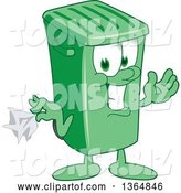 Vector Illustration of a Cartoon Green Rolling Trash Can Mascot Holding a Napkin or Hankie by Mascot Junction