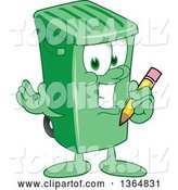 Vector Illustration of a Cartoon Green Rolling Trash Can Mascot Holding a Pencil by Mascot Junction