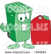 Vector Illustration of a Cartoon Green Rolling Trash Can Mascot Holding a Red Sales Price Tag by Mascot Junction