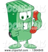 Vector Illustration of a Cartoon Green Rolling Trash Can Mascot Holding and Pointing to a Telephone by Mascot Junction