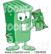 Vector Illustration of a Cartoon Green Rolling Trash Can Mascot Holding Cash Money by Mascot Junction