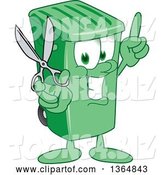 Vector Illustration of a Cartoon Green Rolling Trash Can Mascot Holding up a Finger and Scissors by Mascot Junction