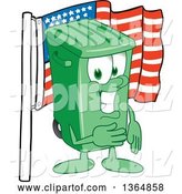 Vector Illustration of a Cartoon Green Rolling Trash Can Mascot Pledging Allegiance to the American Flag by Mascot Junction