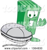 Vector Illustration of a Cartoon Green Rolling Trash Can Mascot Presenting by a Computer Mouse by Mascot Junction