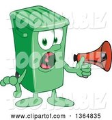 Vector Illustration of a Cartoon Green Rolling Trash Can Mascot Screaming into a Megaphone by Mascot Junction
