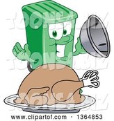 Vector Illustration of a Cartoon Green Rolling Trash Can Mascot Serving a Roasted Thanksgiving Turkey by Mascot Junction