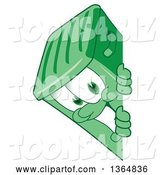 Vector Illustration of a Cartoon Green Rolling Trash Can Mascot Smiling Around a Sign by Mascot Junction