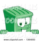 Vector Illustration of a Cartoon Green Rolling Trash Can Mascot Smiling over a Sign by Mascot Junction