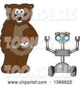 Vector Illustration of a Cartoon Grizzly Bear School Mascot Controlling a Robot by Mascot Junction