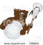 Vector Illustration of a Cartoon Grizzly Bear School Mascot Grabbing a Ball and Holding a Lacrosse Stick by Mascot Junction