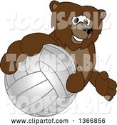 Vector Illustration of a Cartoon Grizzly Bear School Mascot Grabbing a Volleyball by Mascot Junction