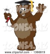 Vector Illustration of a Cartoon Grizzly Bear School Mascot Graduate Holding a Diploma and Waving by Mascot Junction