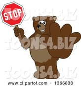 Vector Illustration of a Cartoon Grizzly Bear School Mascot Holding out a Paw and a Stop Sign by Mascot Junction