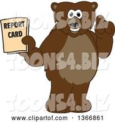 Vector Illustration of a Cartoon Grizzly Bear School Mascot Holding up a Finger and a Report Card by Mascot Junction