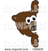 Vector Illustration of a Cartoon Grizzly Bear School Mascot Looking Around a Sign by Mascot Junction