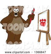 Vector Illustration of a Cartoon Grizzly Bear School Mascot Painting a Paw on a Canvas by Mascot Junction
