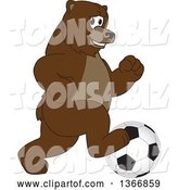 Vector Illustration of a Cartoon Grizzly Bear School Mascot Playing Soccer by Mascot Junction