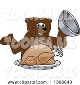 Vector Illustration of a Cartoon Grizzly Bear School Mascot Serving a Roasted Thanksgiving Turkey by Mascot Junction