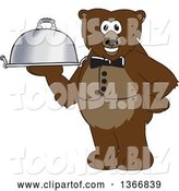 Vector Illustration of a Cartoon Grizzly Bear School Mascot Waiter Holding a Cloche Platter by Mascot Junction