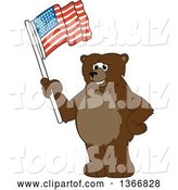 Vector Illustration of a Cartoon Grizzly Bear School Mascot Waving an American Flag by Mascot Junction
