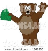 Vector Illustration of a Cartoon Grizzly Bear School Mascot Waving and Holding Cash Money by Mascot Junction